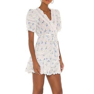 Never Worn LoveShackFancy Belen Blue Floral White Lace Puff Sleeve Mini Dress, 8
